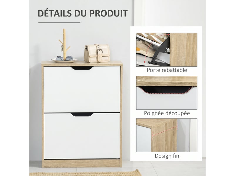  Meuble à chaussures 2 tiroirs rabattables 8 paires coloris chêne et blanc 62,5 x 26 x 81 cm  - Conforama E