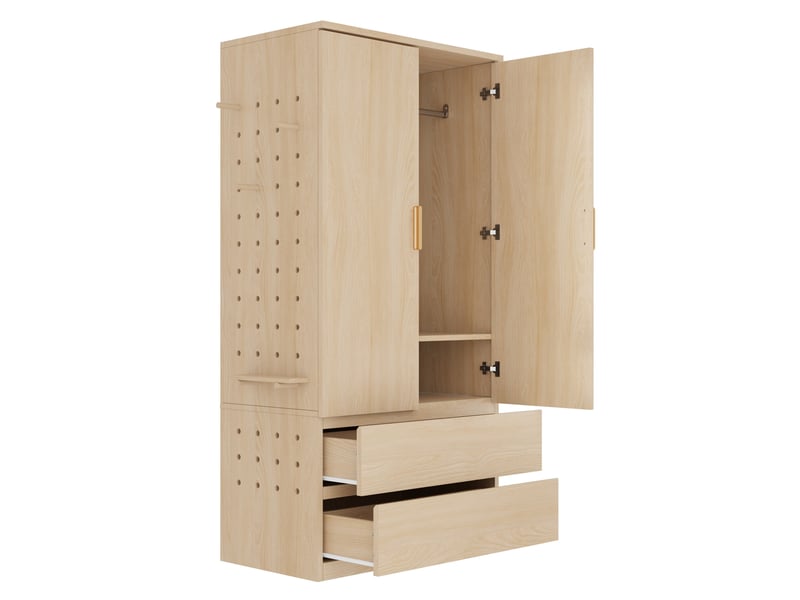  Armoire penderie 70 x 50 x 170 cm – bois clair – 2 tiroirs, rangements cachés et panneau perforé latéral  - Conforama D