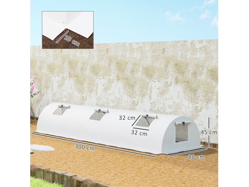  Mini serre tunnel de jardin 300 x 80 x 45 cm – blanche – 4 fenêtres en maille enroulables, film anti-uv  - Conforama C