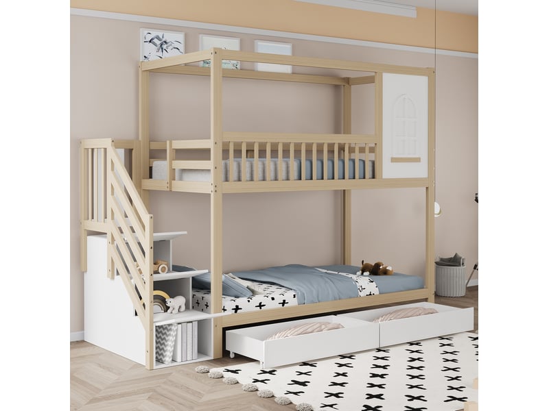  Lit enfant superposé, 90x200 cm, avec fenêtre, échelle protectrice, tiroirs pratiques, bois, coloris naturel et blanc  - Conforama D