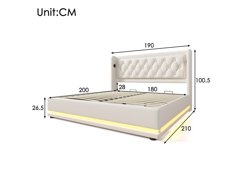  Lit coffre 180x200 cm, rangement hydraulique, led 3 côtés, usb et usb-c, tête de lit capitonnée à oreilles, simili cuir pu - blanc  - Conforama E