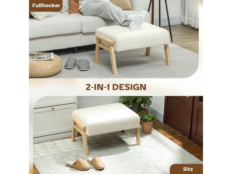  Tabouret avec coussin d'assise moelleux, pieds en bois, repose-pieds aspect velours côtelé, blanc crème 838-569V00CW - Conforama D