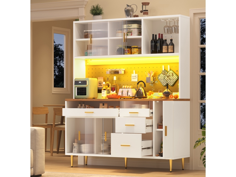 Armoire haute 145x39x171 cm, avec porte coulissante en verre, buffet cuisine vaisselier avec led, mdf, coloris blanc - Conforama B