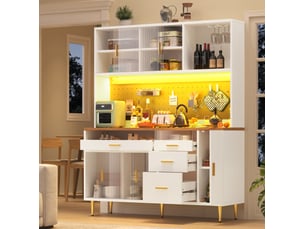 Armoire haute 145x39x171 cm, avec porte coulissante en verre, buffet cuisine vaisselier avec led, mdf, coloris blanc
