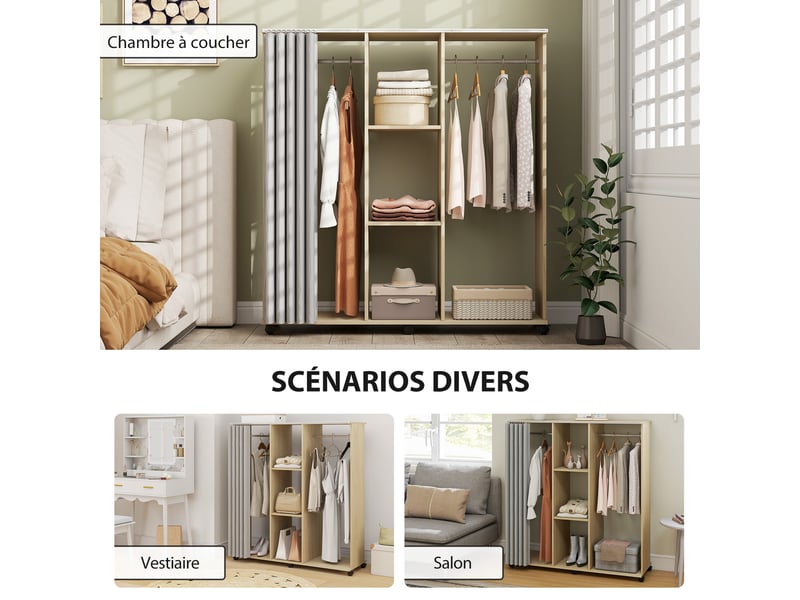  Armoire penderie meuble de rangement mobile 120l x 40l x 128h cm 6 roulettes en bois naturel  - Conforama E