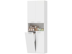 Meuble de salle de bain de 174 cm de haut avec panier à linge pliable et portes à fermeture amortie, blanc
