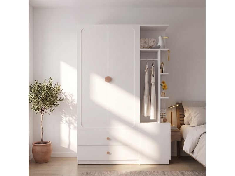  Armoire avec 2 penderies, 2 tiroirs et grand rangement ouvert modulable pour chambre en mdf blanc 135 × 45 × 200 cm  - Conforama D