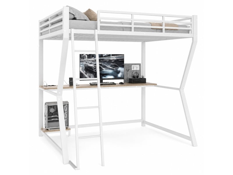  Lit mezzanine 140 x 200 cm avec bureau, led, prises usb et escalier blanc  - Conforama A