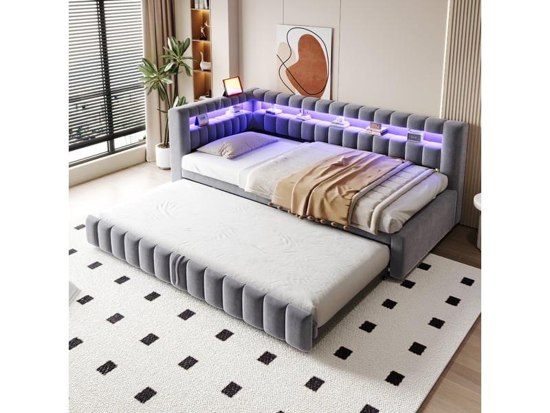  Lit capitonné, lit enfant 90x200 cm, canapé-lit extensible, led, usb, velours gris, réf. 422aae  - Conforama C