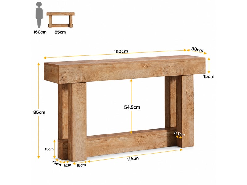  Table console 2 niveaux 160 x 30 x 85 cm marron chêne clair en bois, avec étagère pour l'entrée et derrière le canapé  - Conforama C