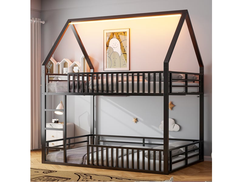  Lit superposé maison 140x200 avec garde-corps style clôture, éclairage led, en métal noir  - Conforama B