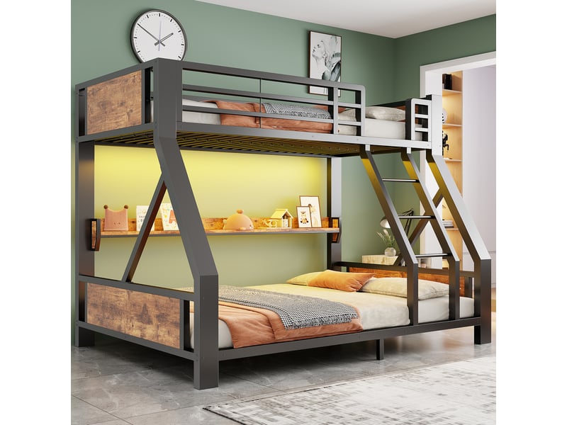 Lit superposé modenvie métal et bois noir 90 x 200 cm et 140 x 200 cm avec led et étagère - Conforama D