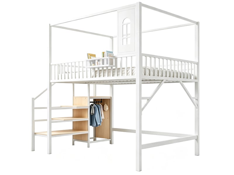  Lit mezzanine 140x200 cm, escalier de rangement, cadre supérieur, métal et mdf, blanc et noir, sans matelas  - Conforama A