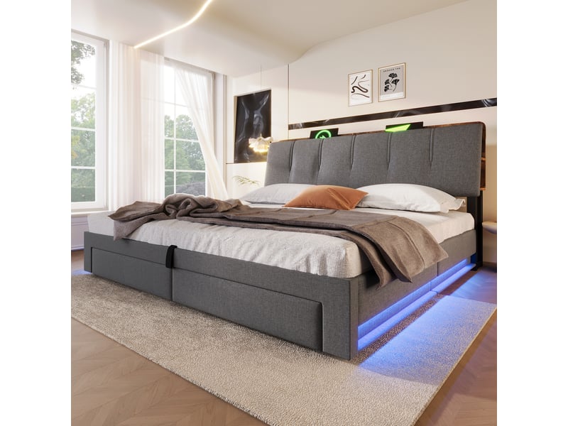  Lit coffre 180x200 cm, lit double, rangement hydraulique, led, lin gris, usb et usb-c  - Conforama E