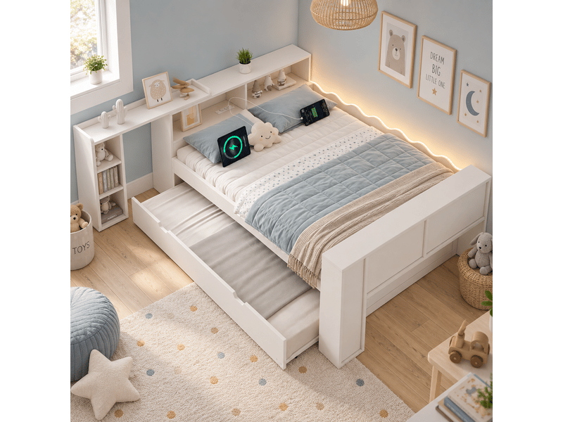 Lit gigogne 140 x 190 cm avec lit d’appoint 90 x 190 cm, led, blanc - Conforama D