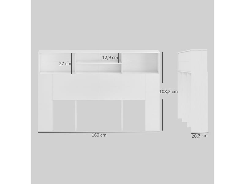  Tête de lit sur pied avec rangements, accessoire de lit 4 compartiments ouverts, 160 x 20,2 x 108,2 cm, blanc  - Conforama C
