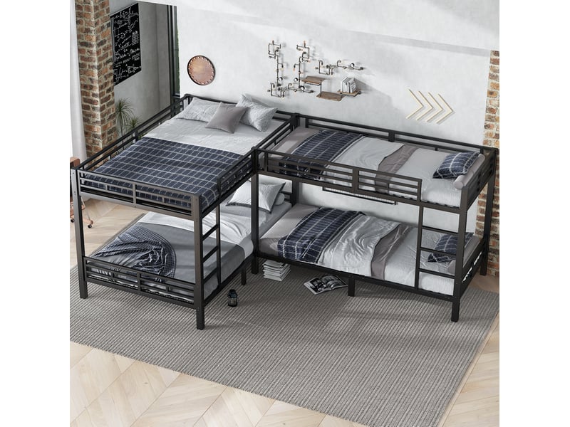 Lit superposé 140x200+90x200, multi-lits, sommier à lattes robuste, échelle 3 marches, métal, noir, sans matelas - Conforama B