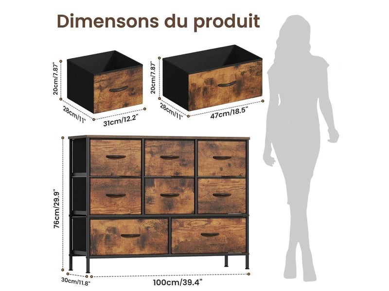 Chiffonnier meuble 100x30x76 cm huit tiroirs tissu marron rustique et metal noir chambre  - Conforama E