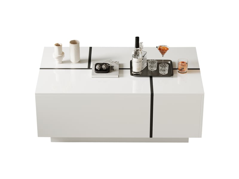  Table basse carrée blanche et noire brillante avec 4 tiroirs, table de salon bicolore 100x60x40 cm, charge 30 kg  - Conforama R