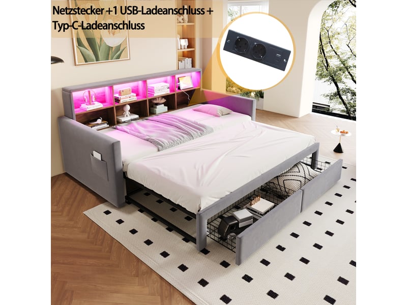  Lit canapé capitonné 90180 x190cm, led et rangements, velours gris clair, avec tiroirs et sommier à lattes  - Conforama C
