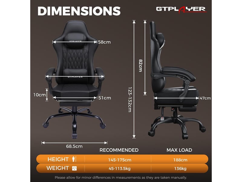 Gtplayer chaise de jeu ergonomique avec soutien lombaire et dossier large 150kg - tissu bleu foncé GT832-DBL - Conforama B