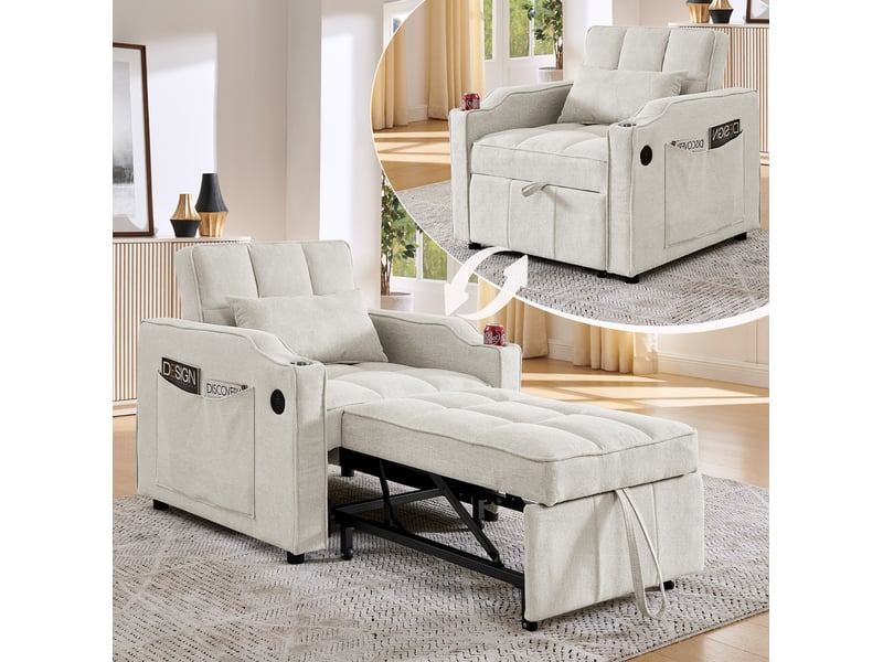 Fauteuil convertible 1 place beige en tissu, couchage 190 cm, usb-c et dossier réglable à 3 positions  - Conforama E