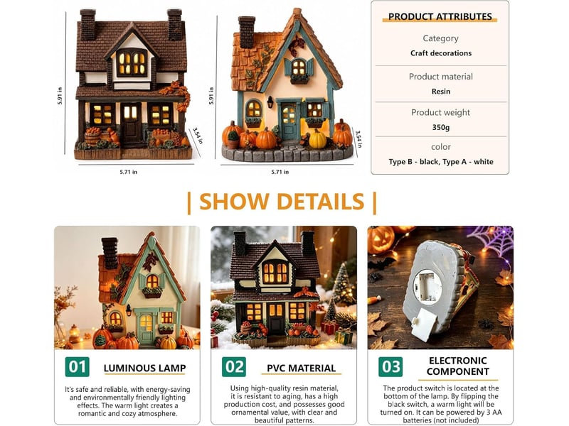  Décoration automne lumineuse 2 pièces, maison de village en résine avec led blanc chaud, décoration de table, noir et blanc  - Conforama E