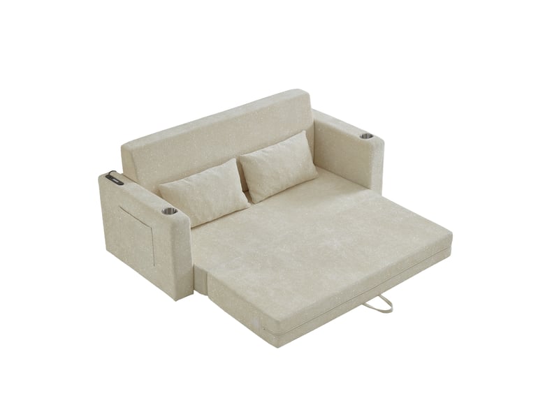 Canapé-lit 2 places beige en tissu chenille, canapé convertible pour petit espace avec ports usb, coussins et porte-gobelets - Conforama A