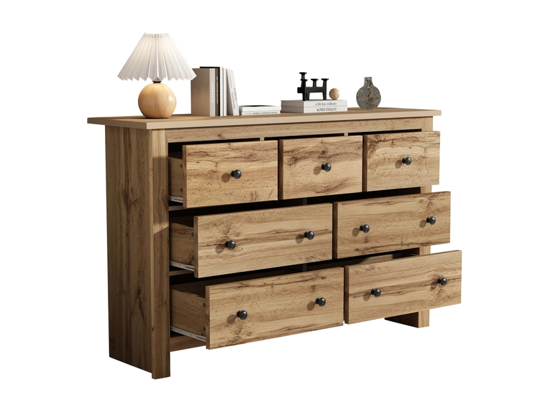 Commode 152x40x88,5 cm avec 7 tiroirs, design à motif bois et espace de rangement, panneaux de particules, couleur bois - Conforama A