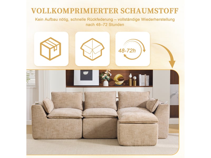 Canapé modulable compression d'angle en l,256x161x75cm,velours côtelé,canapé 3 places avec pouf,porte-gobelets,poches latérales,sans montage,kaki - Conforama E
