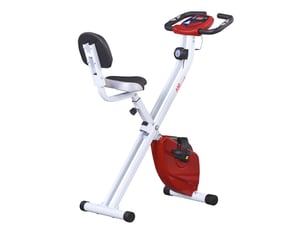 Vélo appartement pliable fitness intérieur, 8 résistances magnétiques, dossier, selle réglable, lcd, cardio, rouge.