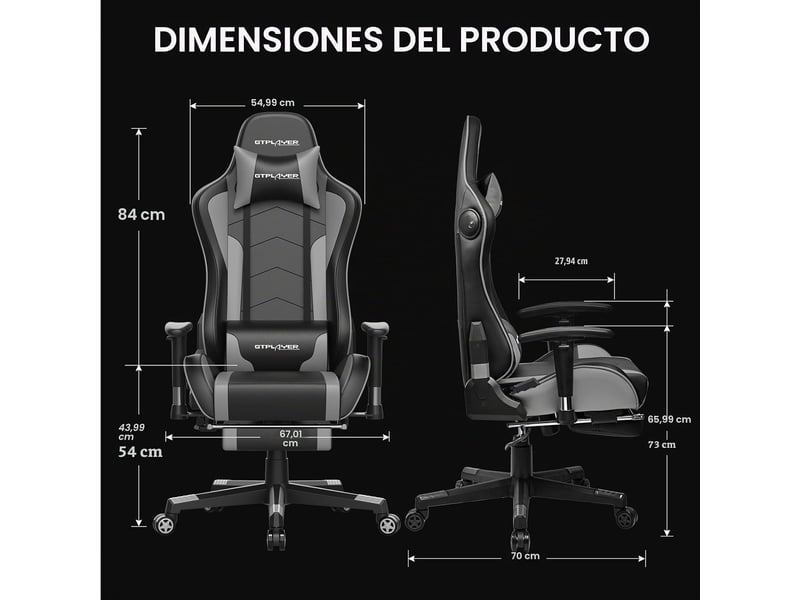 Gtplayer chaise de jeu ergonomique avec bluetooth et repose-pieds 200 kg - gris GT890MF-GY - Conforama B