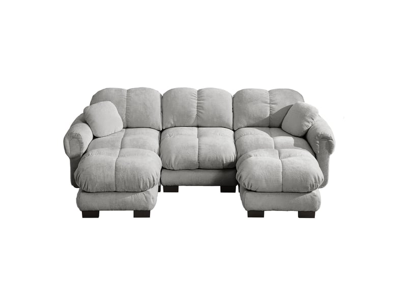  Canapé panoramique 3 places en u, revêtement chenille gris clair, incluant ottomane mobile et coussins décoratifs pour salon moderne  - Conforama A