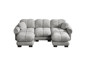 Canapé panoramique 3 places en u, revêtement chenille gris clair, incluant ottomane mobile et coussins décoratifs pour salon moderne