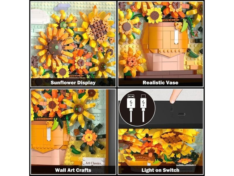  Briques mini led encadrement tableau sunflowers 807 pieces abs 3,6 mm cadre noir pour montage mural ou pose sur table usb 151498_AAAPO04436_6_DROPFR - Conforama C