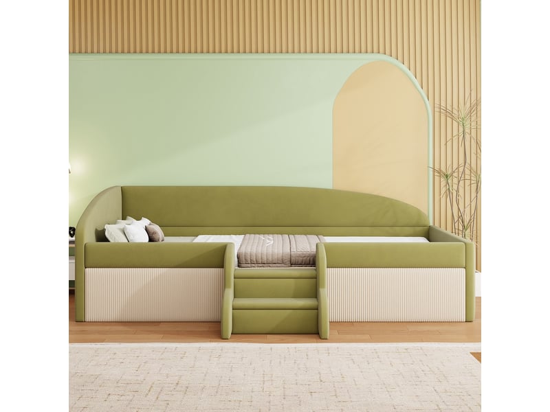  Lit banquette 90x190 cm en velours doux avec rangements barrières et marches vert foncé crème sans matelas  - Conforama D