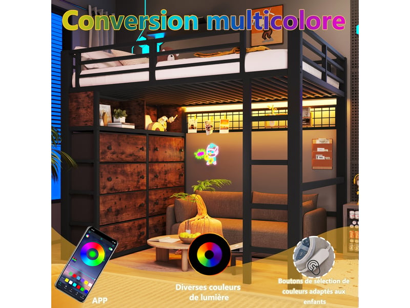  Lit mezzanine enfant 140x200 cm, 8 tiroirs et 2 étagères, panneau perforé, led 7 couleurs, espace inférieur ouvert, garde-corps intégral, métal noir Radiant Stride - Conforama E