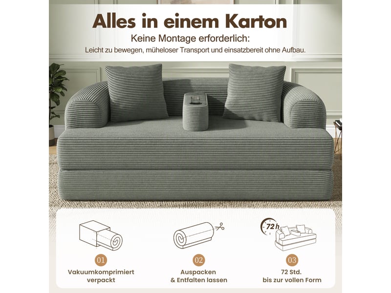  Canapé convertible 2 places en velours côtelé vert, 176 x 184 x 47 cm, porte-gobelets, sans montage, livré compressé, coussins inclus, pour le salon CARDUME ESTIVAL - Conforama E