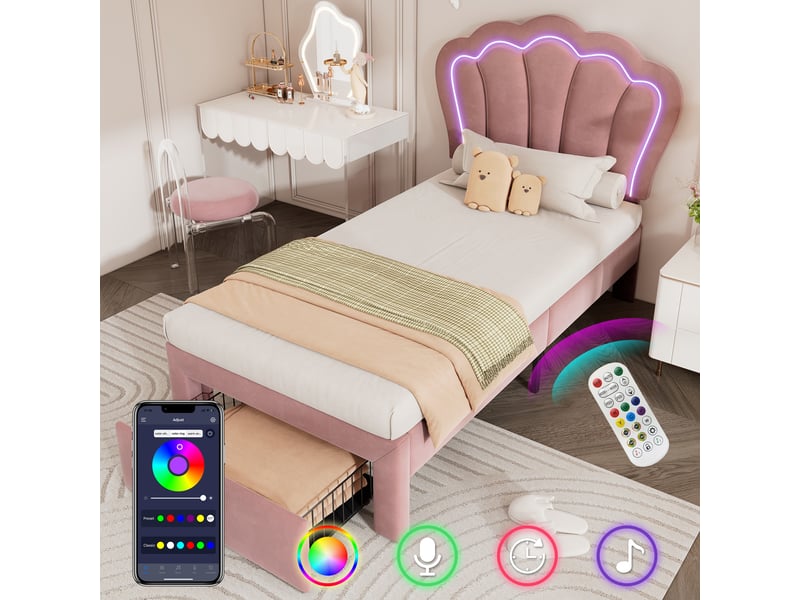  Lit enfant 90x200 rose en velours avec led, tête de lit réglable motif floral et tiroir de rangement  - Conforama R