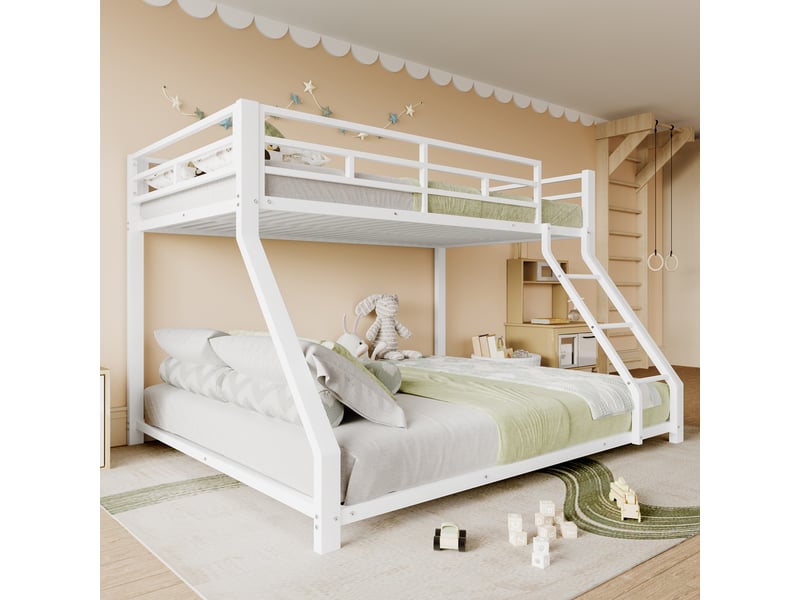 Lit superposé en métal blanc avec garde-corps, 90 x 200 et 140 x 200 cm, sans matelas, pour chambre enfant - Conforama E