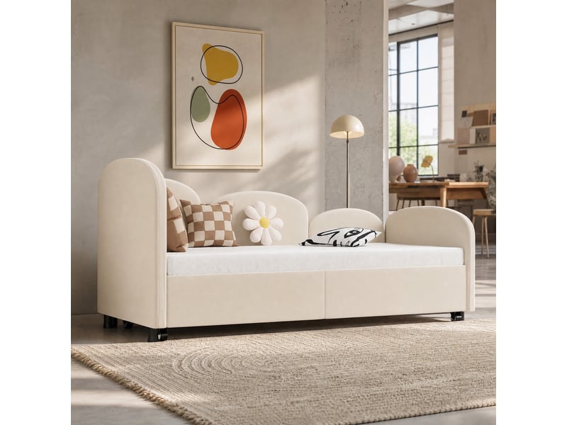  Lit banquette enfant 200×90 cm en forme de fleur avec grand tiroir de rangement, revêtement en velours beige  - Conforama B