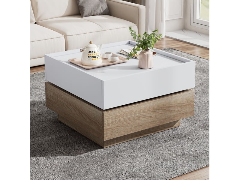  Table basse pivotante avec 2 tiroirs et plateau 360°, structure à 2 niveaux, pour salon, 60 × 60 × 38 cm  - Conforama C