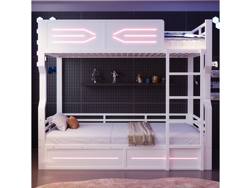  Lit superposé 90x200 cm avec led, cadre robuste, lignes droites et barrières hautes de sécurité pour chambre ado, mdf et métal, blanc OMNIGLINT TRADING LTD - Conforama D
