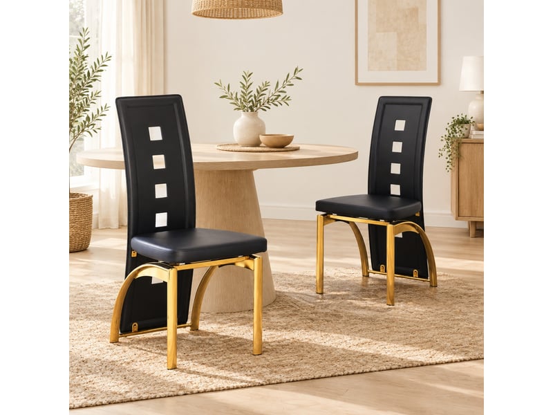 Lot de 2 chaises de salle à manger noires et dorées en métal et pu, 43 x 49 x 102,5 cm - Conforama C