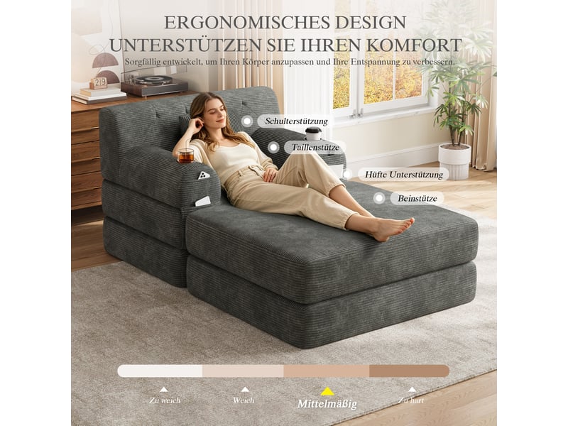  Fauteuil convertible 1 place 107 x 162 x 81 cm avec pouf assorti, dossier haut et 2 porte-gobelets, velours côtelé, gris foncé Morn Vibe - Conforama E