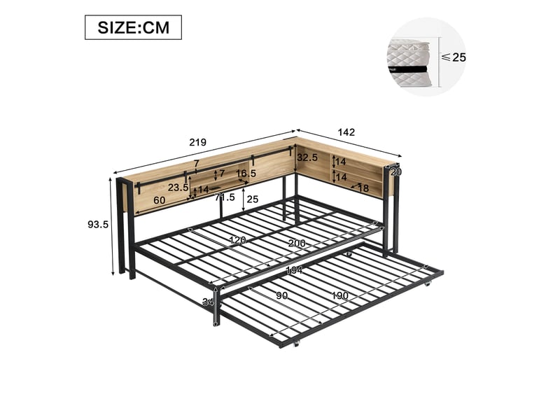  Lit 120x200 cm avec lit gigogne 90x190 cm, tête de lit avec rangement réversible, portes coulissantes, port de charge, métal et mdf, noir et naturel OMNIGLINT TRADING LTD - Conforama C