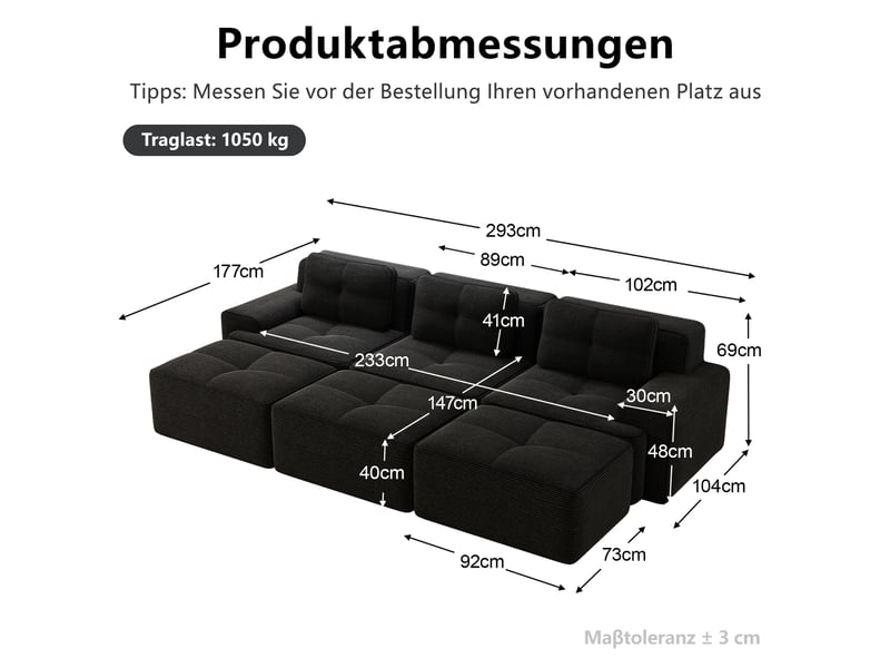  Canapé d’angle modulable 3 places avec fonction couchage - lpospi - accoudoirs larges, velours côtelé noir  - Conforama D