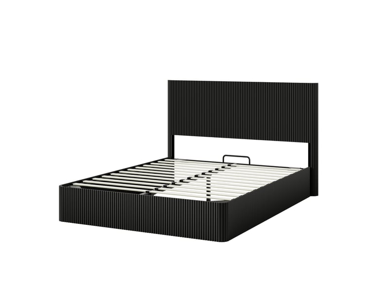  Lit coffre adulte 160x200 cm en mdf noir à relevage hydraulique et tête de lit rainurée  - Conforama E