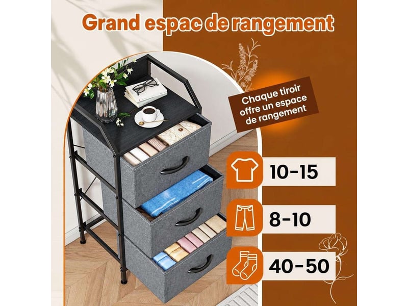  Table de chevet 40x30x78 cm trois tiroirs tissu gris fonce et metal noir  - Conforama E