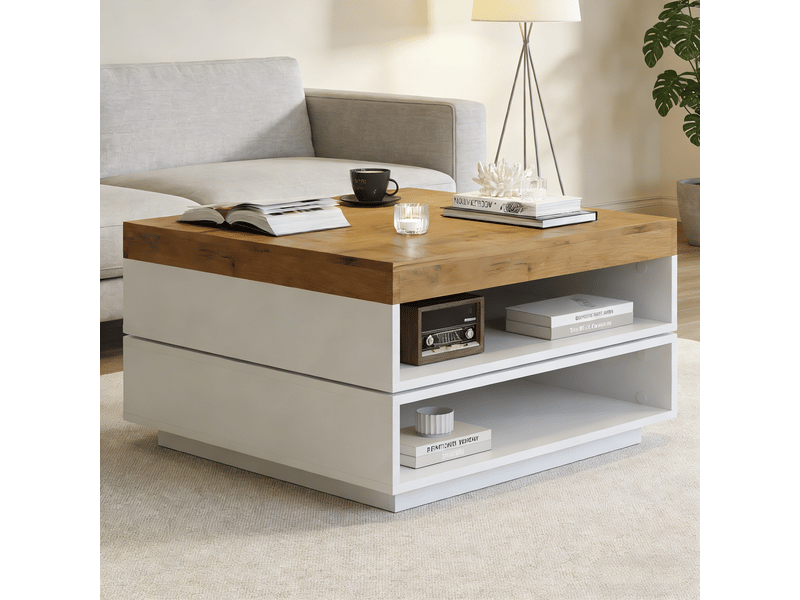 Table basse carrée 65x65x40 cm - plateau pivotant 360° - led intégrée - rangements ouverts - structure mdf - blanc et bois - Conforama E